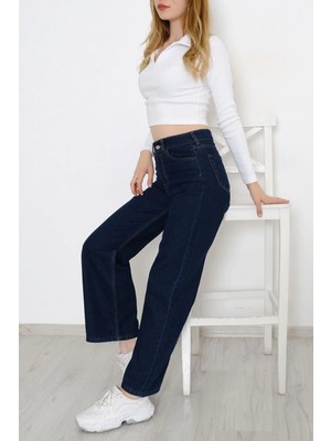 Beeke Power Likralı Kadın Lacivert Yüksek Bel Salaş Paça Denim Kot Pantolon (Tam Kalıptır)