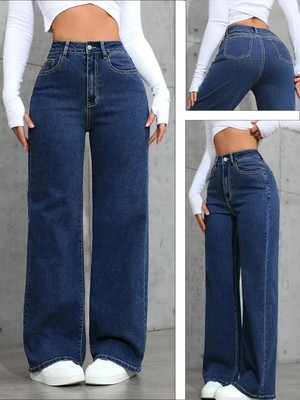 Beeke Melody Kadın Lacivert Jeans Palazzo Bol Paça Rahat Yüksek Bel Denim Kot Pantolon