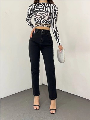 Beeke Mia Kadın Trend Mom Jeans Siyah Likralı Kot Pantolon