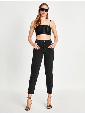 Beeke Mia Yüksek Bel Likralı Siyah Mom Jeans