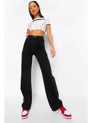 Beeke Siyah Wide Leg Etkili Fermuarlı Süper Yüksek Bel Jeans Salaş Kot Pantolon Palazzo 2024