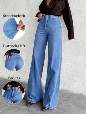Beeke Lalin Kadın Jeans Salaş Rahat Yüksek Bel Bol Paça Likralı Wide Leg Jean Palazzo Kot Pantolon