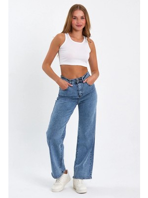 Beeke Indiana 90's Kar Yıkama Mavi Likralı Süper Yüksek Bel Wide Leg Salaş Jeans Palazzo Pantolon