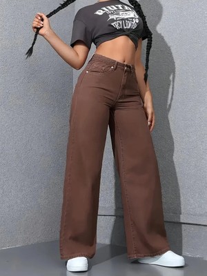 Beeke Melody Kadın Kahve Jeans Palazzo Bol Paça Rahat Yüksek Bel Denim Kot Pantolon