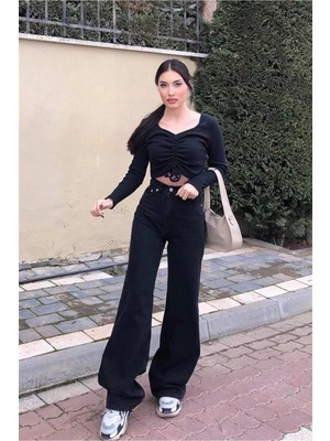 Beeke Simsiyah 90's Likralı Süper Yüksek Bel Salaş Jeans Palazzo Pantolon