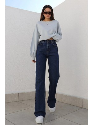 Beeke Camelia Salaş Likralı 90's Solmayan Lacivert Yüksek Bel Bol Paça Kot Palazzo Pantolon