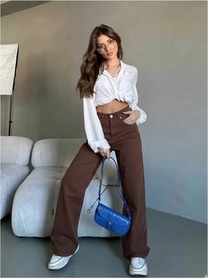 Beeke Kadın Palazzo Salaş Rahat Kesim Likralı Yüksek Bel Jeans Kot Pantolon Yeni Sezon
