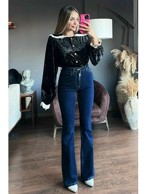 Beeke Milano Lacivert Süper Yüksek Bel Likralı Flare Ispanyol Kot Pantalon Jeansjean