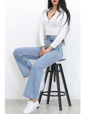 Beeke Power Likralı Kadın Açık Mavi Kar Yıkama Yüksek Bel Salaş Paça Denim Kot Pantolon (Tam Kalıptır)