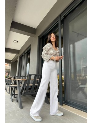 Beeke 90's Beyaz Likralı Süper Yüksek Bel Salaş Jeans Palazzo Pantolon. (Süper Yüksek) Wide Legjean
