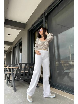 Beeke 90's Beyaz Likralı Süper Yüksek Bel Salaş Jeans Palazzo Pantolon. (Süper Yüksek) Wide Leg