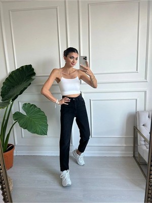 Beeke Zero Max Kadın Yüksek Bel Siyah Boyfriend Jeans Likralı Esnek Kot Pantolon