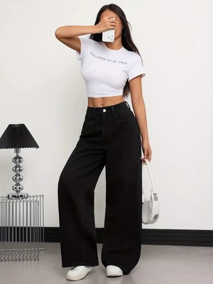 Beeke Petronela Kadın Jeans 90's Wide Leg Siyah Süper Yüksek Bel Salaş Jean Palazzo Kot Pantolon