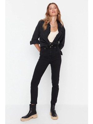 Beeke Siyah Likralı Mom Jean Pantolon Mom Jean