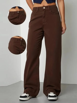 Beeke Kadın Jeans Yüksek Bel Bol Paça Salaş Rahat Kesim Wide Leg Jean Denim Kot Pantalon