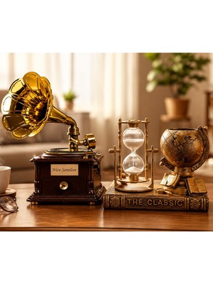Keyfim Shop Kişiye Özel Vintage Dekoratif Gramofon, Dünya Küresi ve Kum Saati Seti – Retro Masaüstü Dekorasyon Aksesuarı