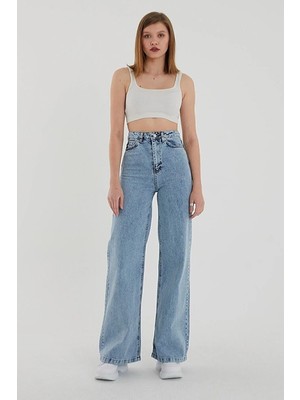 Beeke Salaş Açık Mavi Asit Kar Yıkama Süper Yüksek Bel Wide Leg Comfort Likralı Palazzo Jeans(Tam Kalıp)