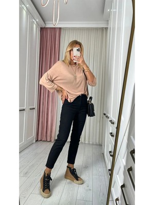 Beeke Jeanline Siyah Mom Jeans Yüksek Bel Boyfriend Denim Kot Pantolon