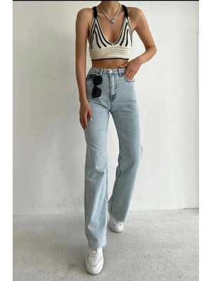 Beeke Marina Mavi Kar Yıkama Süper Yüksek Bel Bol Paça Denim Trend Kot Pantolon