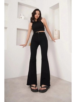 Beeke Yüksek Bel Ispanyol Paça Jeans Siyah Likralı Esnek Kot Pantolonjean