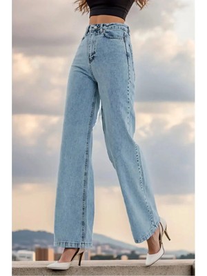 Beeke Trend Jean Papel Kadın Yüksek Bel Salaş Paça Pantolon Palazzo Model Kot Pantolon