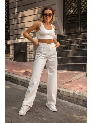 Beeke Basic Kadın Beyaz Renk Wide Leg Kalıp Yüksek Bel Jeanjean