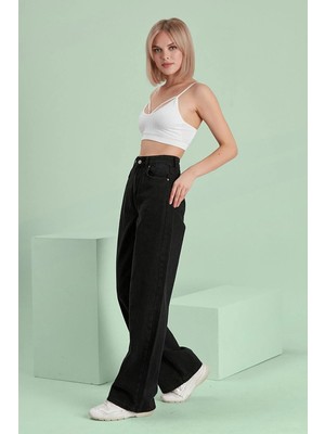 Beeke Violet-Siyah Yüksek Bel Salaş Pantolon, Geniş Paça Pantolon, Bol Paça Pantalon