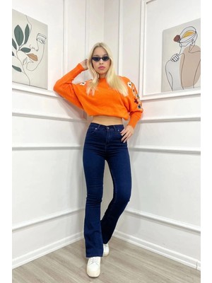 Beeke Star Yüksek Bel Koyu Mavi Jeans Lacivert Ispanyol Paça Kot Pantolon
