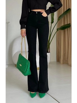 Beeke All Star Flare Jeans Ispanyol Kot Yüksek Bel Solmaz Siyah Ispanyol Kot Pantolon ( Likralı )