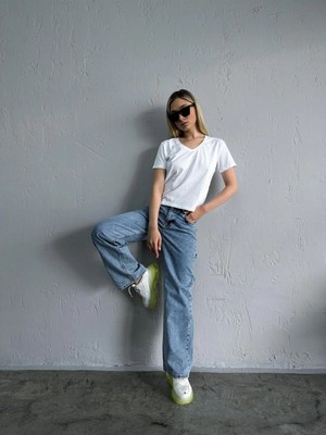Beeke Yüksek Bel Kar Jeans Salaş Mavi Kar Yıkama Jeans Mavi Kar Likralı Esnek Kot