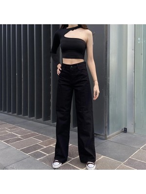 Beeke Yüksek Bel Siyah Wıde Leg Jeans Likralı Palazzo Kot Pantolon