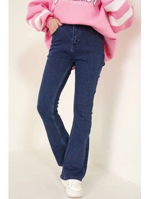 Beeke Trend Ispanyol Paça Jeans Solma Lacivert Ispanyol Jeans Yüksek Bel Kot Pantolon