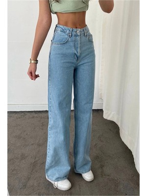 Beeke Kadın Yüksek Bel Mavi Kar Yıkama Salaş Jeans Esnek Palazzo Kot Pantolon 2024