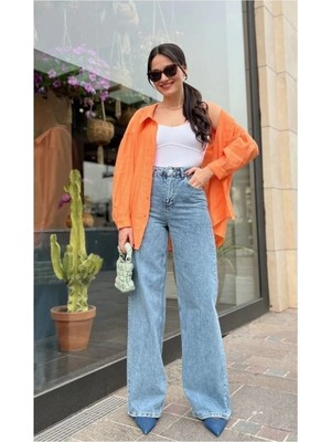 Beeke Marina Mavi Likralı Süper Yüksek Bel Trend Salaş Bol Paça Jean Pantolonn