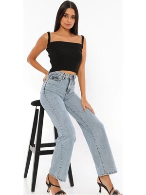 Beeke James Kadın Mavi Kar Yıkama Salaş Süper Yüksek Bel Likralı Bol Paça Denim Kot Pantolon