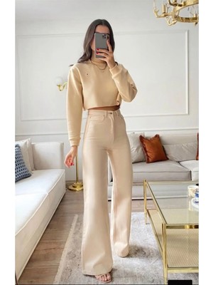 Beeke Cream Yüksek Bel Krem Palazzo Jeans Krem Salaş Kot Pantolon