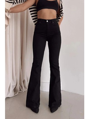 Beeke Lila-Jeans Kadın Solmayan Siyah Yüksek Bel Likralı Ispanyol Paça Jean Pantolon Denim
