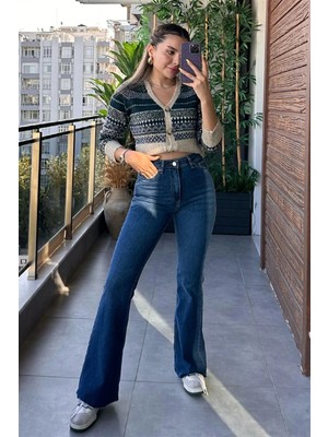 Beeke Monera Lacivert Solmaz Yüksek Bel Ispanyol Jeans Renk Solmayan Ispanyol Kot Pantolon