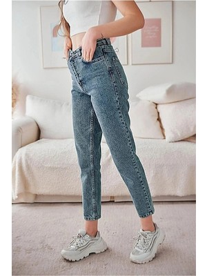 Beeke Kar Yıkamalı Kadın Mom Jeans Pantolon, Likralı Mom Jeans