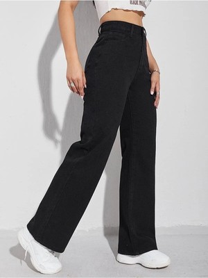 Beeke Olivia-Yüksek Bel Siyah Kot Pantolon Siyah Salaş Jeans Likralı Esnek Palazzo