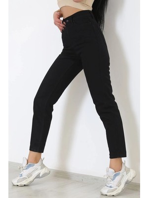 Beeke Kadın Yüksek Bel Siyah Mom Jeans Likralı Esnek Kot Pantolon