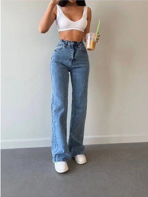 Beeke Lara Power Likralı Kadın Açık Mavi Kar Yıkama Yüksek Bel Salaş Paça Denim Kot Pantolon(Tam Kalıp)