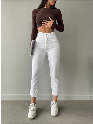 Beeke Kadın Yüksek Bel Beyaz Boyfriend Jeans Likralı Esnek Kot Pantolon
