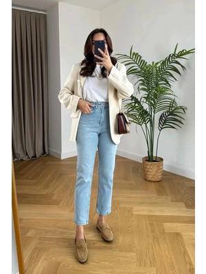 Beeke Lily Kadın Süper Likralı Trned Kar Yıkama Mavi Mom Jean