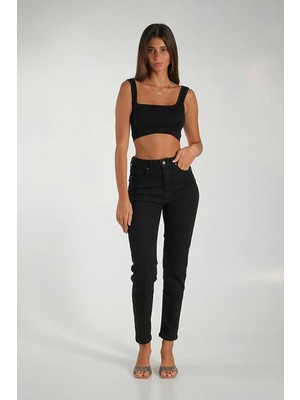 Beeke Siyah Yüksek Bel Likralı Slim Mom Jean Fit Jean Pantolon