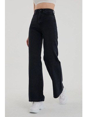 Beeke Zero Max Kadın Siyah Mavi Likralı Süper Yüksek Bel Salaş Jeans Palazzo Pantolon