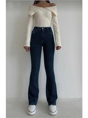 Beeke Alina-Kadın Lacivert Süper Yüksek Bel Likralı Flare Ispanyol Kot Pantalon Jeansfrango