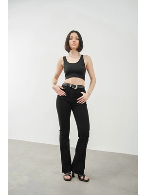 Beeke Zero Max Yüksek Bel Ispanyol Paça Siyah Jeans Kot Pantolon