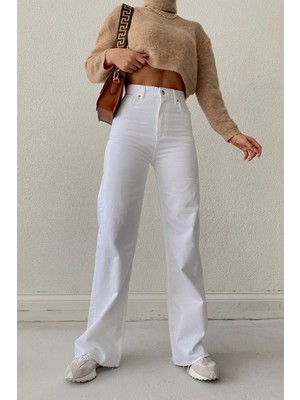 Beeke Kadın Beyaz Jeans Bol Paça Yüksek Bel Palazzo Jean Kot Pantolon