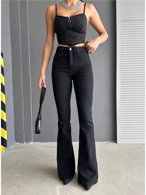 Beeke Solmaz Kumaş Flare Jeans Renk Vermeyen Ispanyol Paça Kot Pantolon